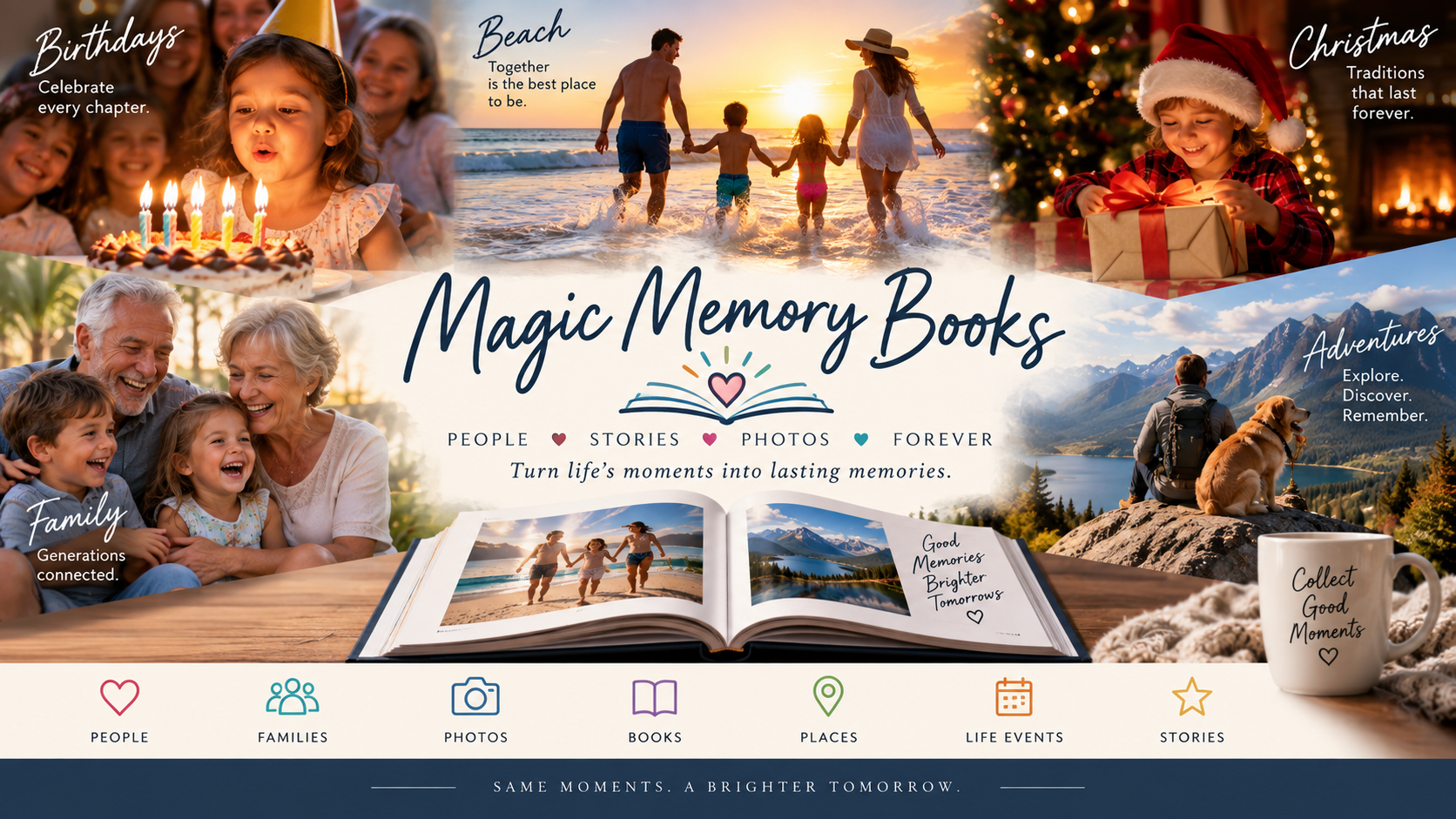 Magic Memory Books - People, Stories, Photos, Forever. Categories shown: Birthdays, Beach, Christmas, Family, Adventures.